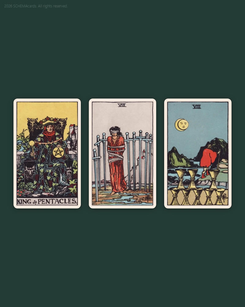 King of Pentacles / 8 of Swords / 8 of Cups